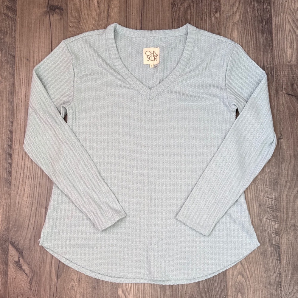 CHASER Waffle Knit V Neck Long Sleeve Top Light Blue Size S